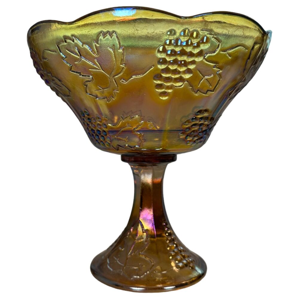 Vintage Indiana Amber Carnival Glass Grapes Leaves Iridescent Pedestal Bowl